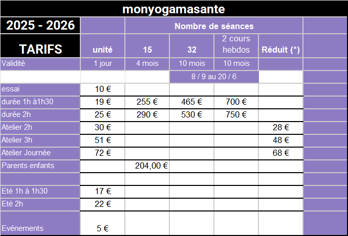 Tarifs yoga