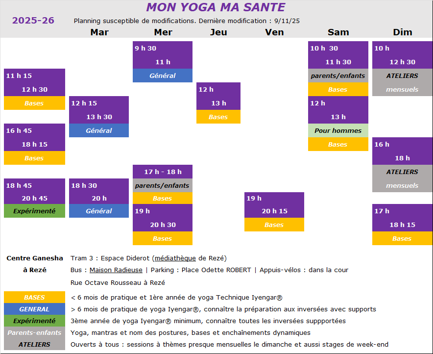 Planning des cours de yoga Iyengar® à Rezé